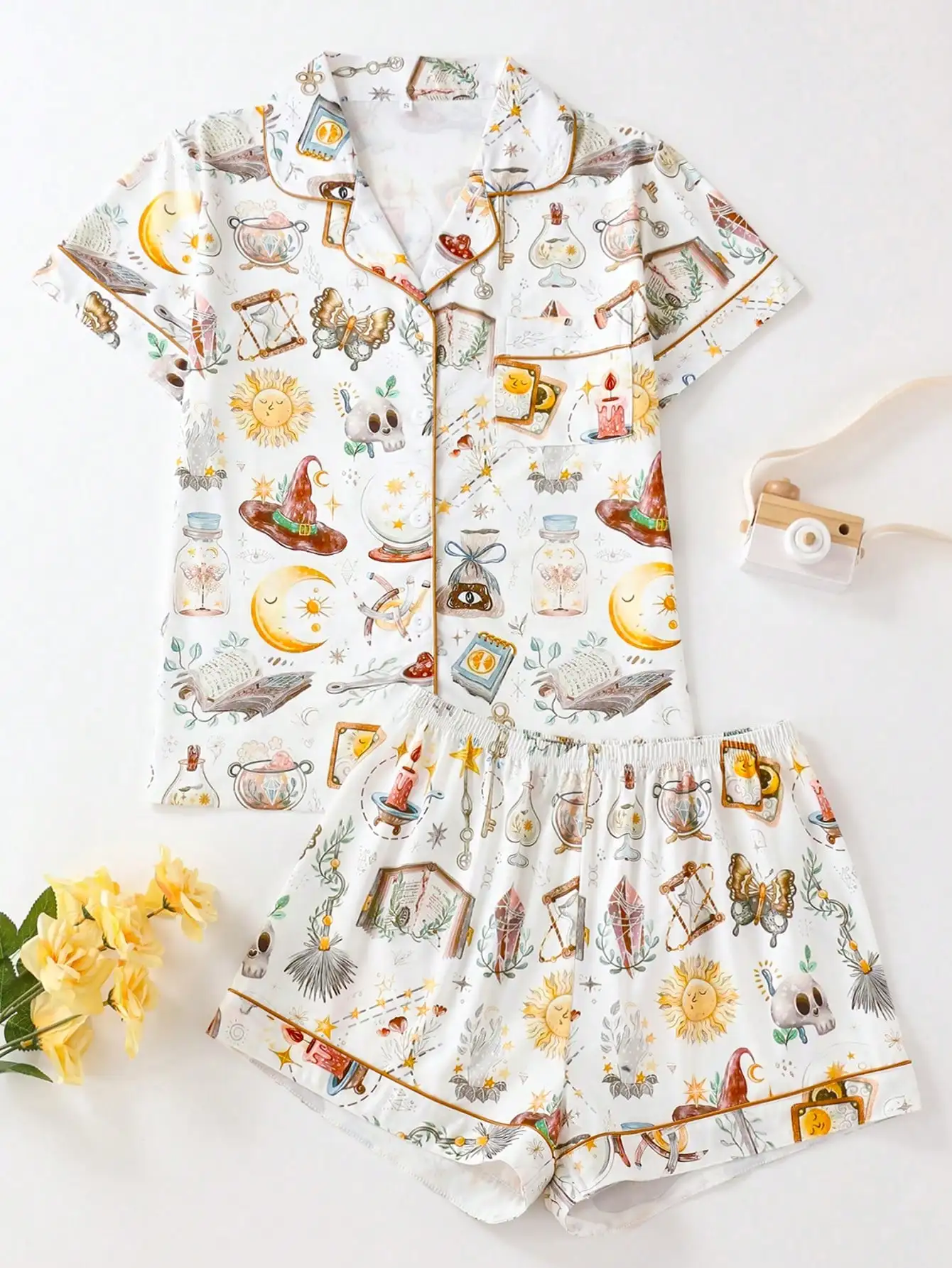 

2-Piece Women's Short Sleeve Pajama Set with Magical Print, Collared Button-Up Top & Shorts