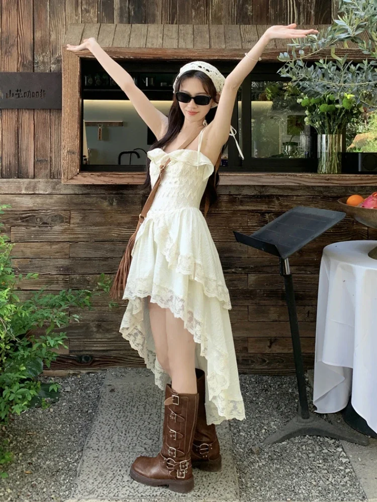 French Elegant Irregular Slip Dress Women Ruffles Designer Sexy Sweet Fairy Dress Female 2024 Summer Fashion Korean Party Dress