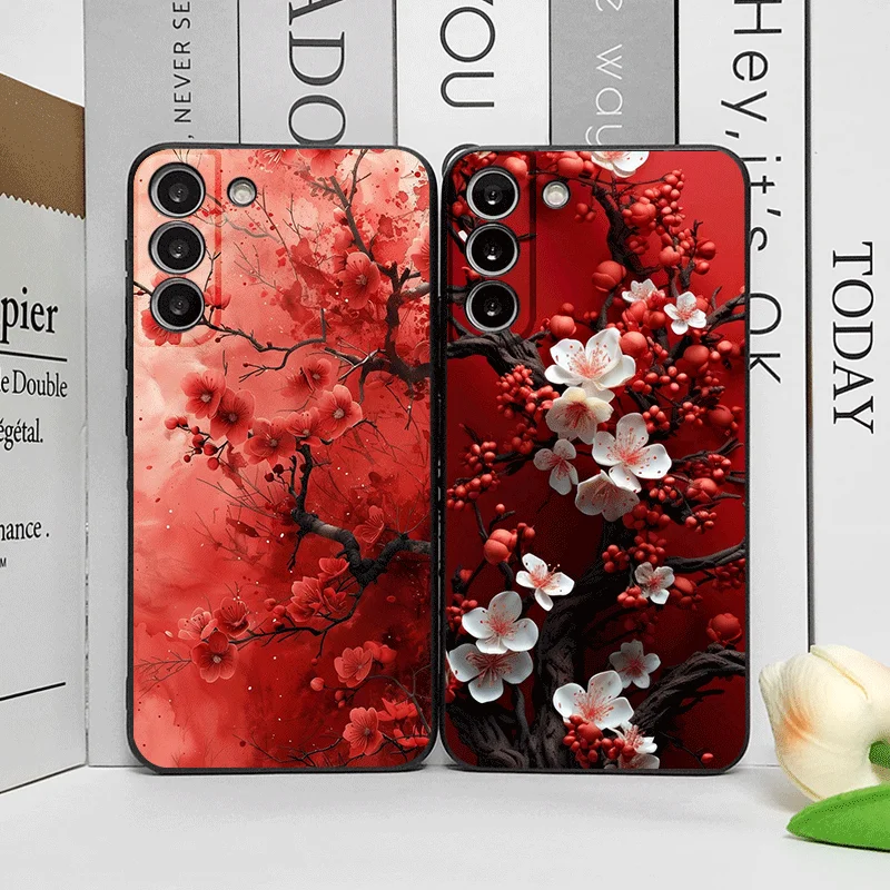 الرجعية الفنية زهرة حمراء زهر البرقوق نمط جراب هاتف ل OnePlus 12 13R 11 10 9 8 Pro Nord 4 N100 CE3 ACE2 ACE3 غطاء ناعم #1