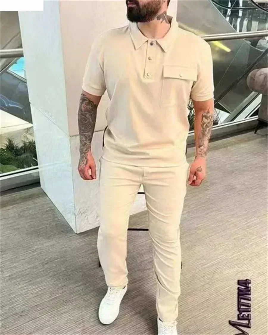 

Мужские повседневные спортивные комплекты, 2 шт., футболки-поло с короткими рукавами + брюки, костюмы, однотонные весенне-осенние спортивные костюмы из двух предметов, мужские комплекты