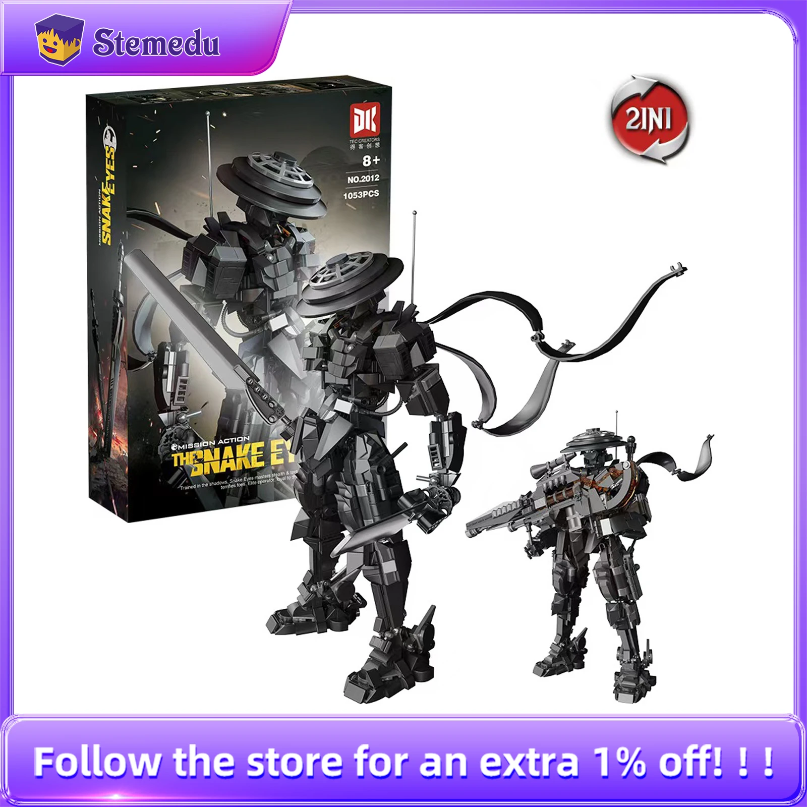 

1053 шт. MOC 2 в 1, мини-строительные блоки со змеиными глазами, набор моделей с двумя лезвиями, механический вооруженный игрушечный пистолет, кирпичи, игрушки, детские креативные подарки
