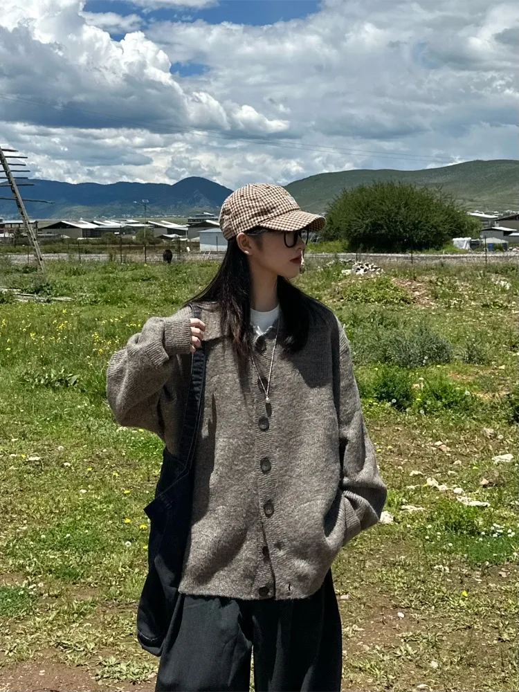 

Ретро-кардиган в японском стиле с утолщенным воротником, унисекс, осенне-зимний, свободный, повседневный, вязаный, для похудения