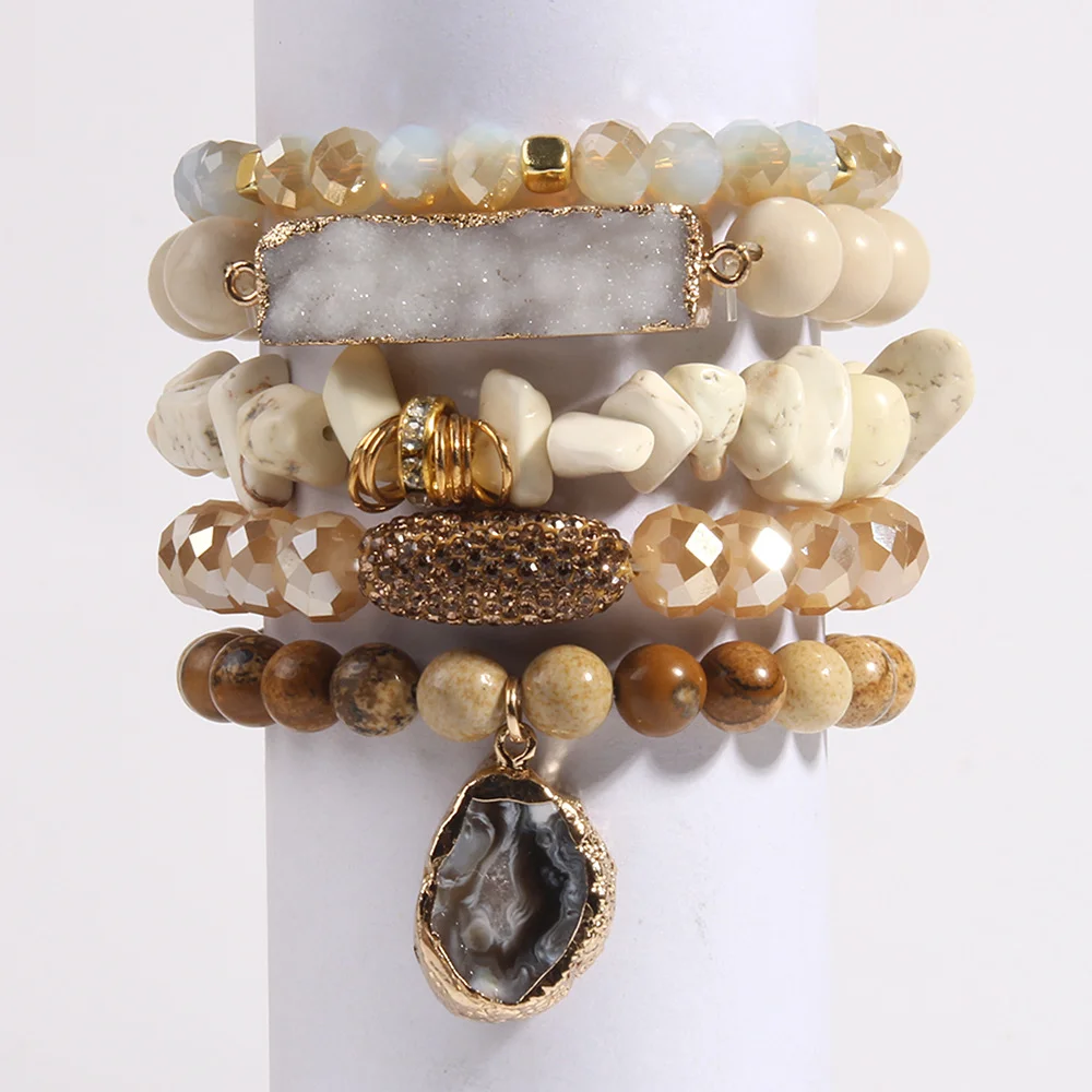 Fashion Designer Beaded Jewelry Druzy Charm 5pc Stack Bracelets Set For Women Gift