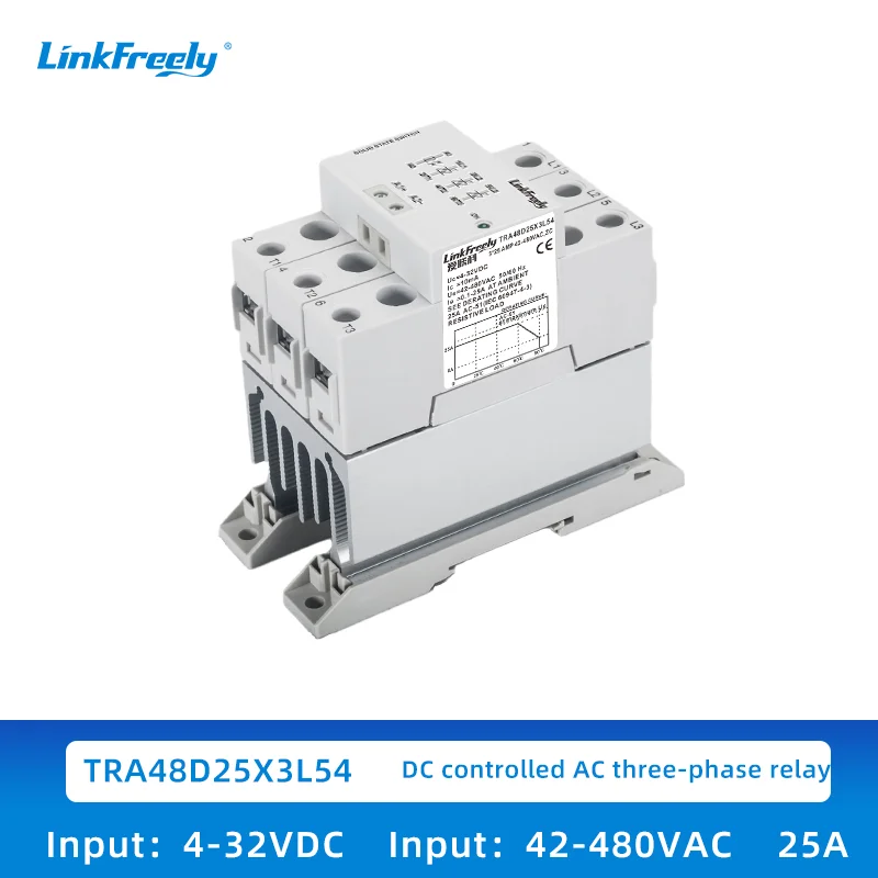 3 Phase SSR Solid State Relay Module with Heat Sink 25A 480VAC DIN Rail DC to AC Control 4-32VDC for Motor Control TRA48D25×3L54