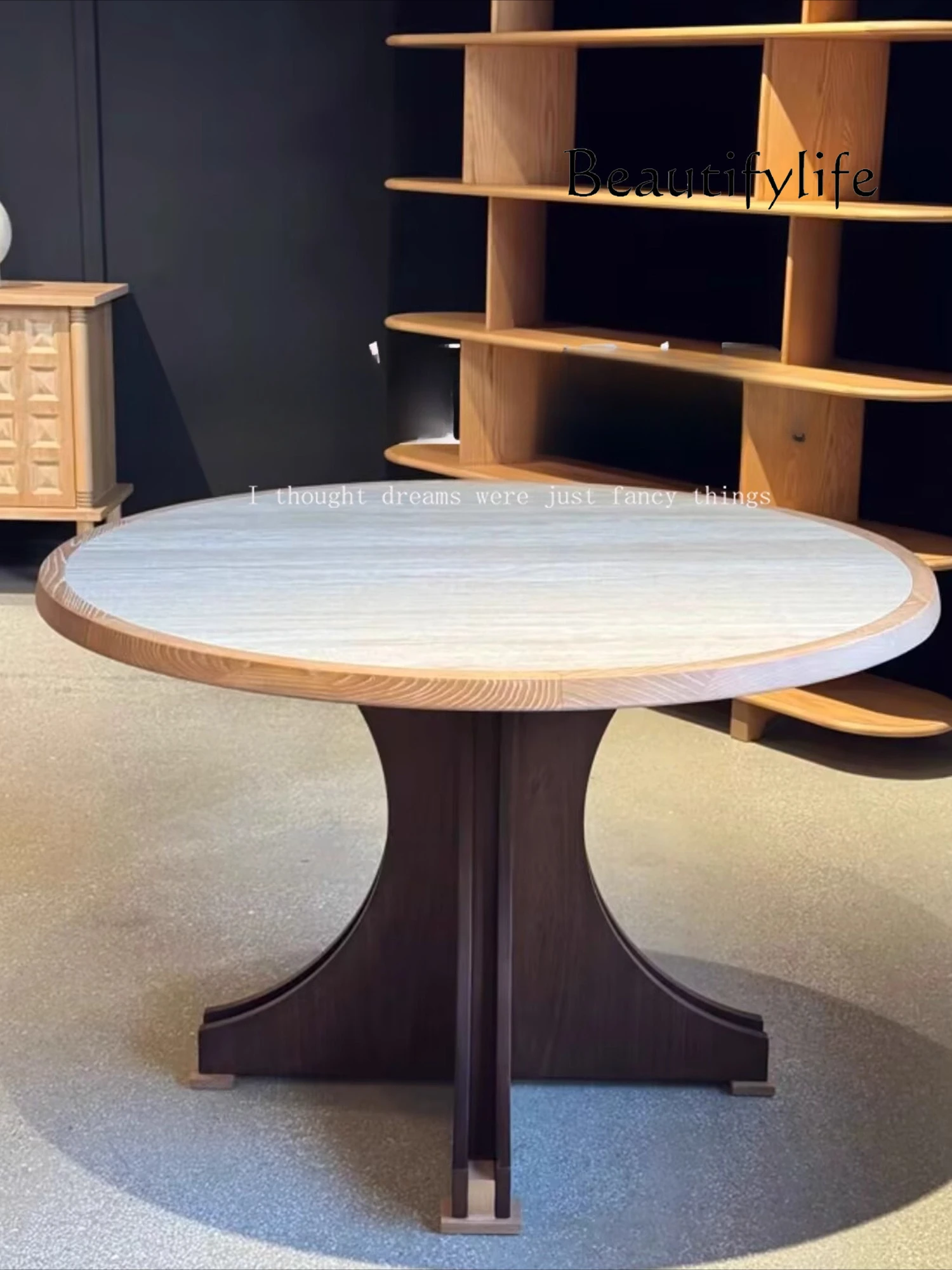 

French medieval solid wood rock slab cave stone round dining table household small apartment art high-end round dining table