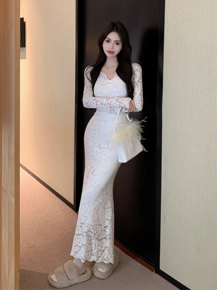 

Ele Sexy White Lace Dr Women's Spring Autumn Winter Base Layer Inner Fi Tail Long Skirt Wrap around Body V Ne Long...