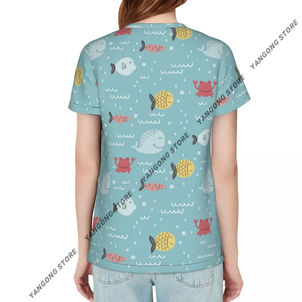 Casual Summer Woman Skinny Fit T-shirt Tight Short-Sleeve O-neck Tee Basic Hand Drawn Fish T Shirt