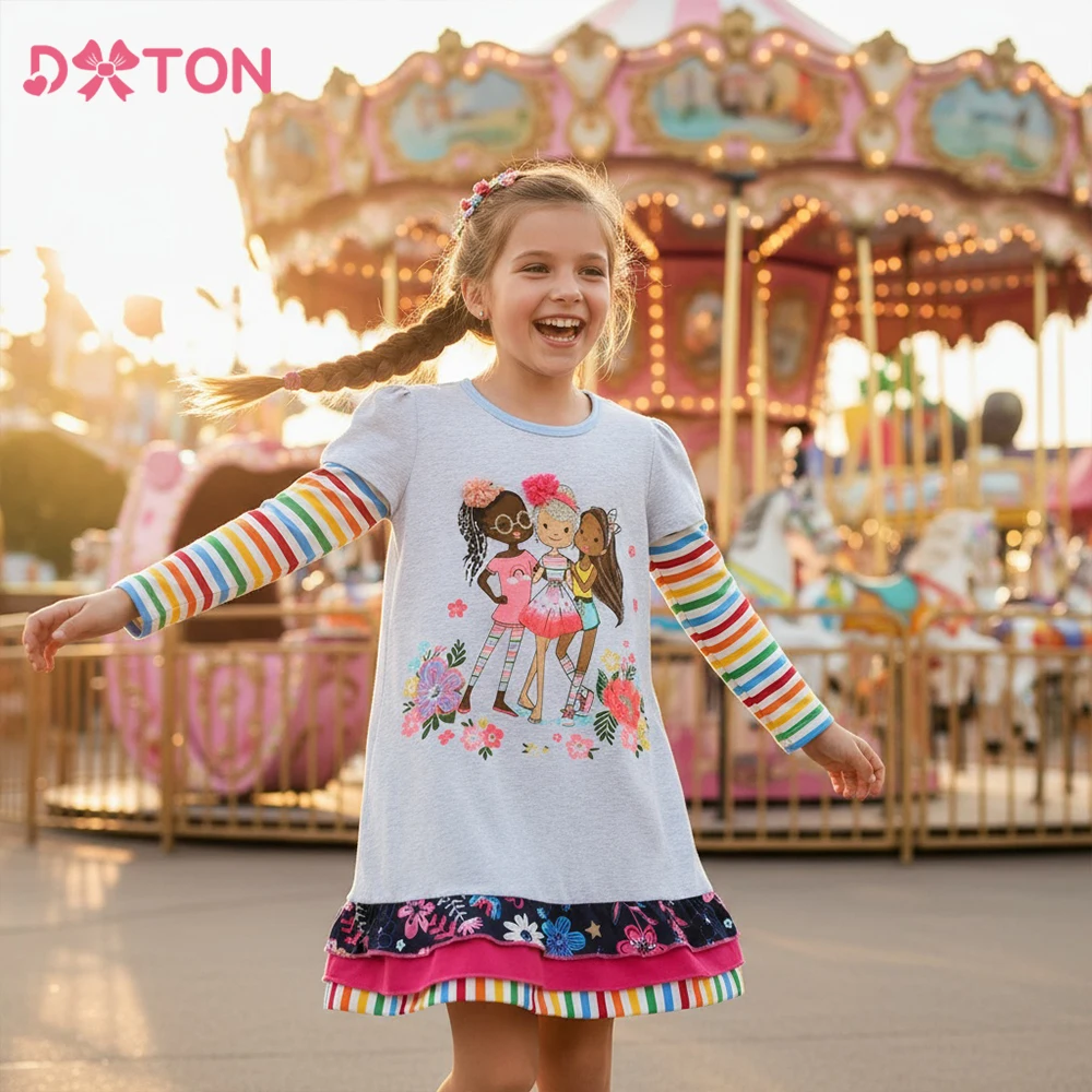 DXTON Striped Children's Dress Princess Cartoon Print Floral Ruffled Girls Dress Outerwear Autumn Cotton Kids Casual HomeWear