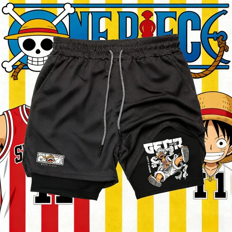 Japanische Anime-Print-Shorts für Herren und Damen, Sommer, neue doppellagige 2-in-1-Shorts, Gym, Fitness, Laufen, Sporthose, schnell trocknende Shorts