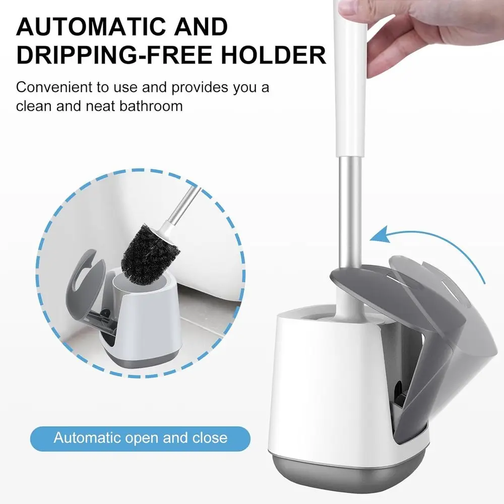 Closing Lid Toilet Bowl Brushes Holder and Extra Long Handle Ventilated Toilet Brush Set, Nylon Bristles, White & Grey view 4