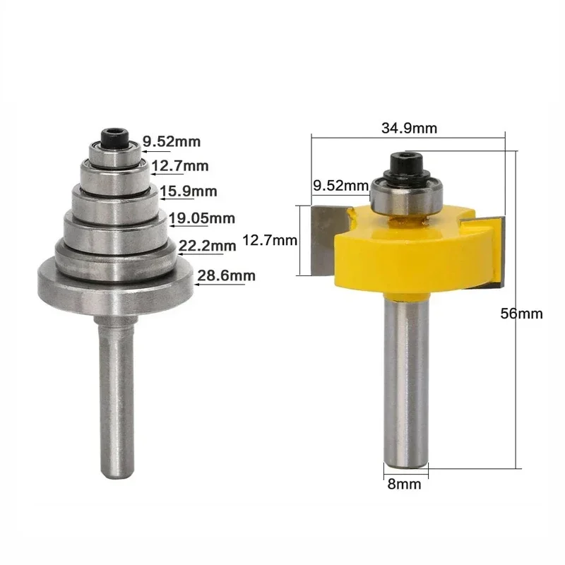 2PCS 8mm Shank Rabbet Router Bit with 6 Adjustable Bearings Tenon Milling Cutter Cemented Carbide Woodworking Bits MC02049