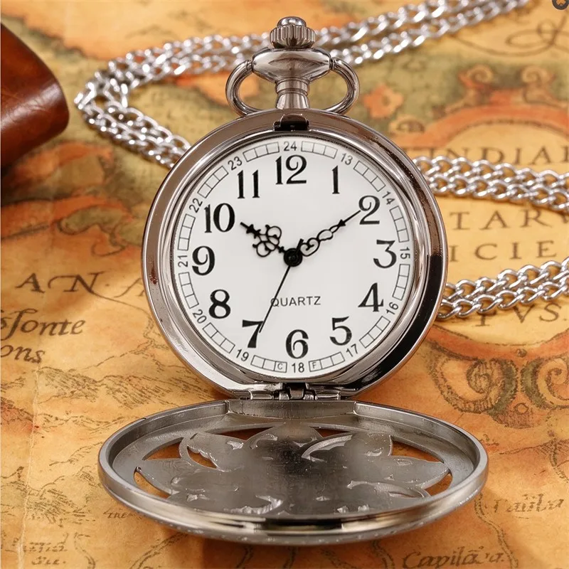 Silver Hollow Floral Pocket Watch Vintage Carved Flower Quartz Fob Watch With Chain Retro Pendant Necklace Women Gift