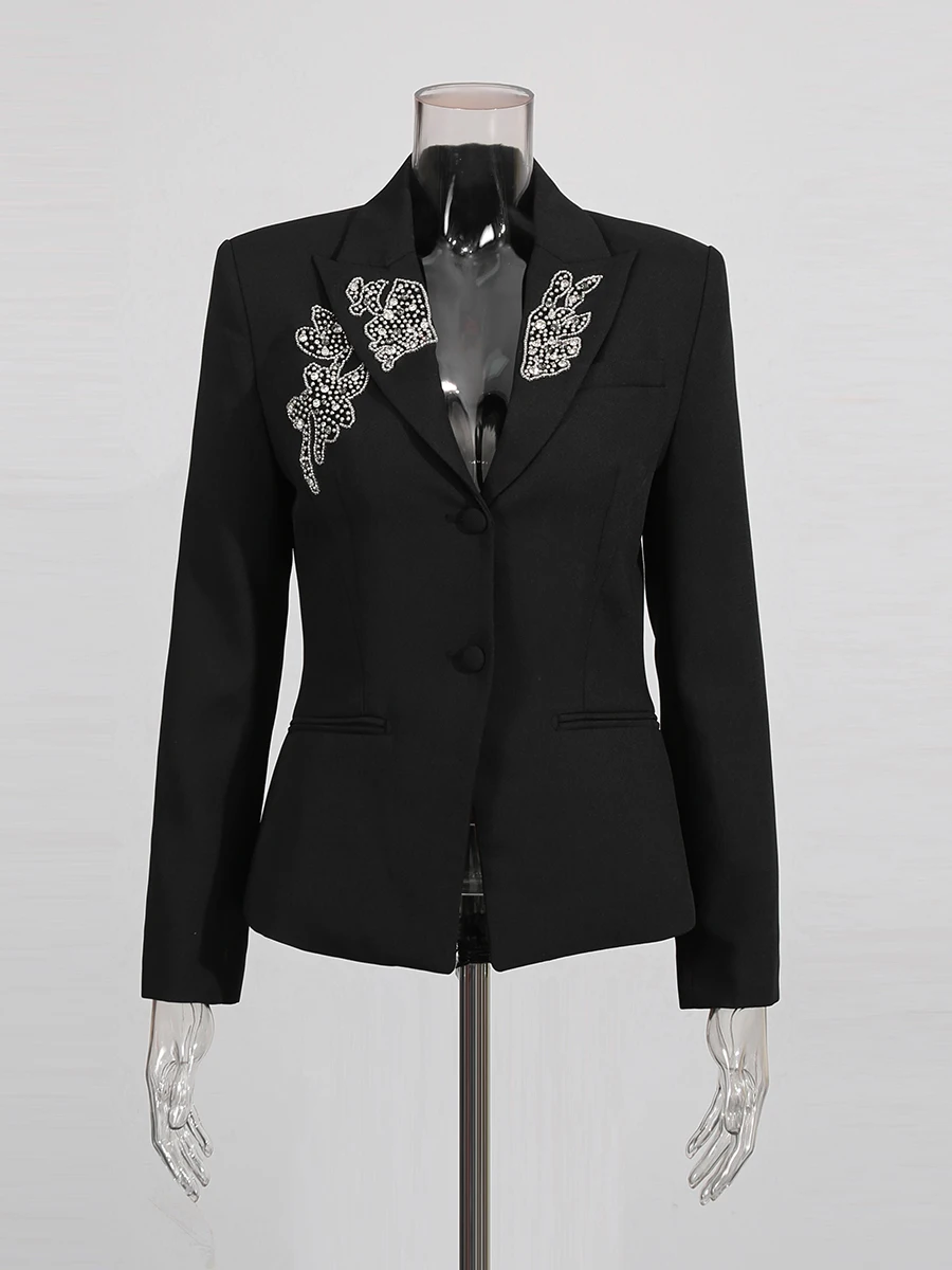 CHICEVER Office Black Spliced Diamond Blazer for Women Notched Collar Long Sleeve Patchwork Single Breasted Elegant Coats Female