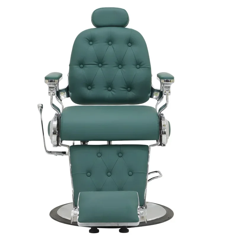 High-quality All-aluminum Alloy Green PU Leather Retro Backrest Large Oil Pump Customizable Color Salon Barber Chair