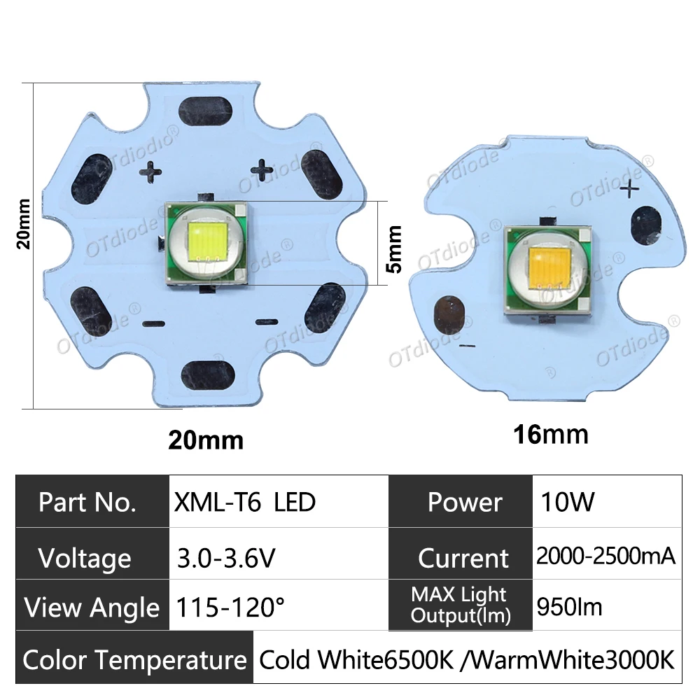 Imagem -03 - Frio e Quente Branco Led Lanternas Chip Peças da Lâmpada Acessórios de Bicicleta Xml t6 5050 3v 6v 12 mm 14 mm 16 mm 20 mm 10 Pcs