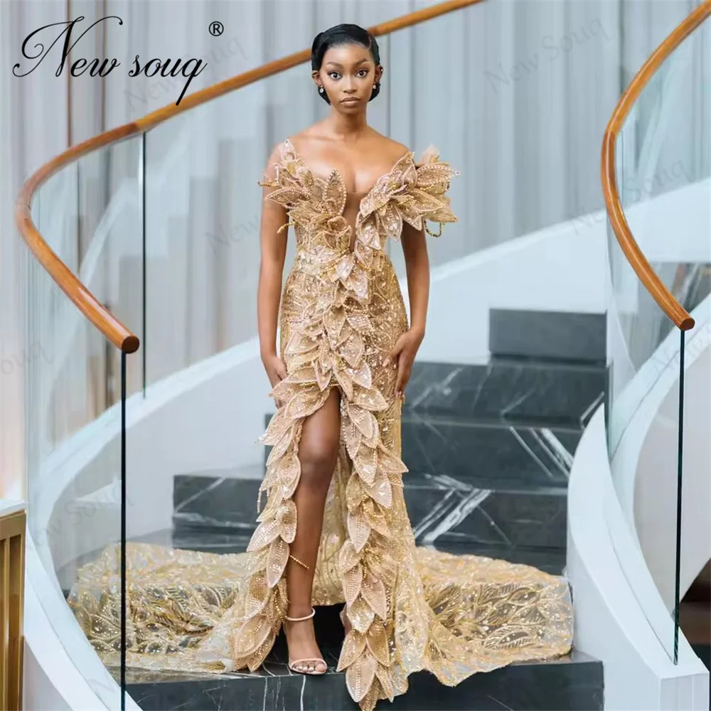 Afrikanische Champagner Perlen Abendkleider Split Side Schwarz Mädchen Cocktail Party Kleid Für Hochzeiten Angepasst Empfang Kleider