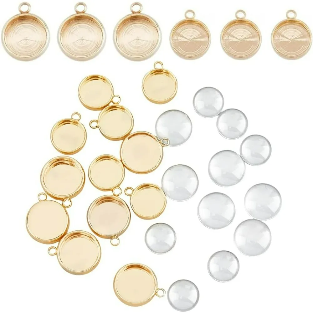 2 Sizes 18K Gold Plated Flat Round Pendant Trays Kit Including 12 Sets Blank Bezel with Clear Glass Cabochons Tray Bezels Dome