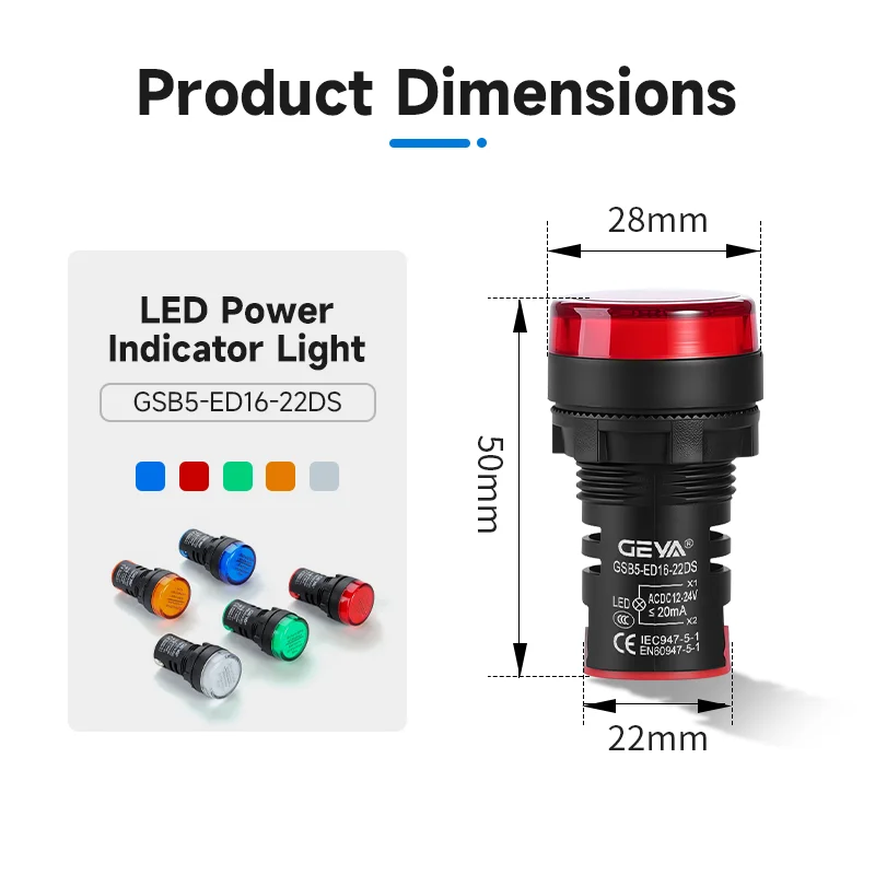 

GEYA 22mm Saving Indicator Light 24V 220V 380V LED Power Energy Indicator Pilot Light Signal Light Panel Mount Lamp Multicolor