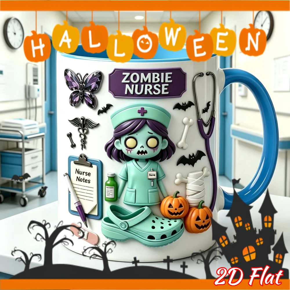 Halloween Gift 1pc 2D Flat Personalized Zombie Nurse Mug 11oz High Temperature Resistant Water Cup Microwave Safe Home Decor Kit