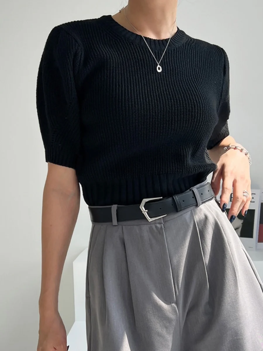 Chique verão anti-envelhecimento retrô redondo Ne Bubble Sve Top de malha de seda gelada feminino ort Sve tubo reto commute Sle Swe...