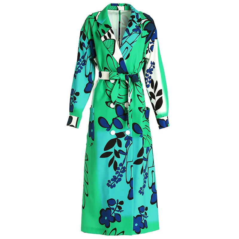 

Women's Fashion Trench Coat Printed Windbreaker Long Green Casual Streetwear Autumn Female