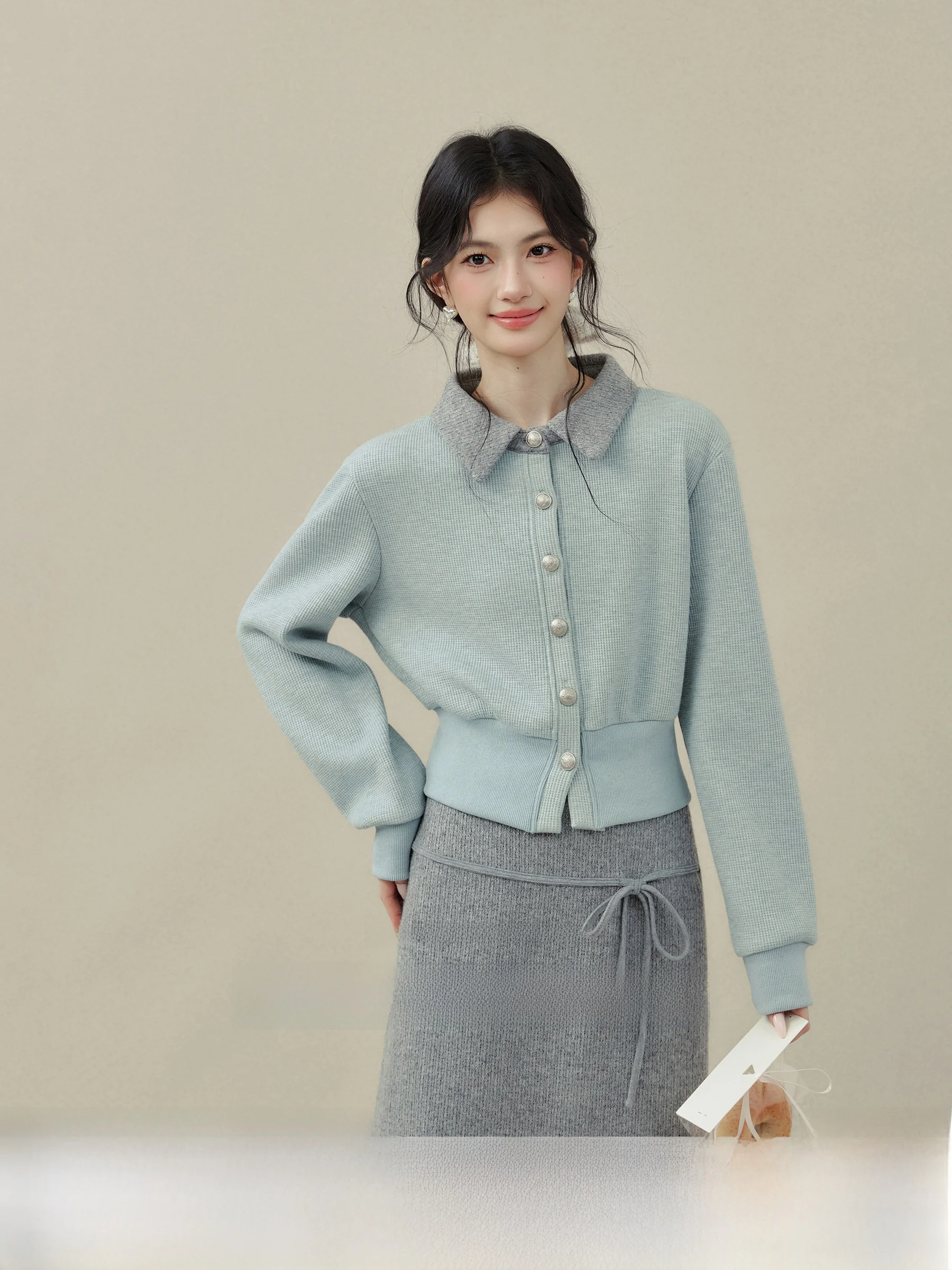 

High Waist Short Open Cardigan with Collar plus Size Women's Set Includes Flattering Half-length Skirt by Ou Xing
