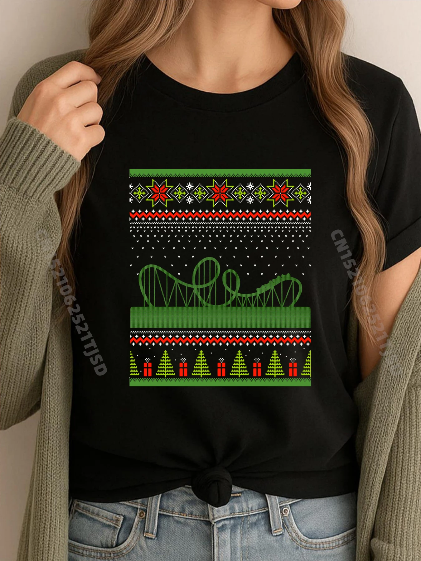 

Roller Coaster Carnival Scene Ugly Christmas Red And Black Graphic T Shirt Tee Shirt Woman T Shirts St Patrick's Day