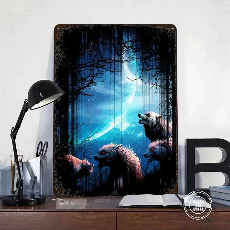 Wolf Monster Personalized 3D Textured Metal Poster Wall Art Tinplate Sign for Decor Luxury Decoration Home Decor Items Wand Deko