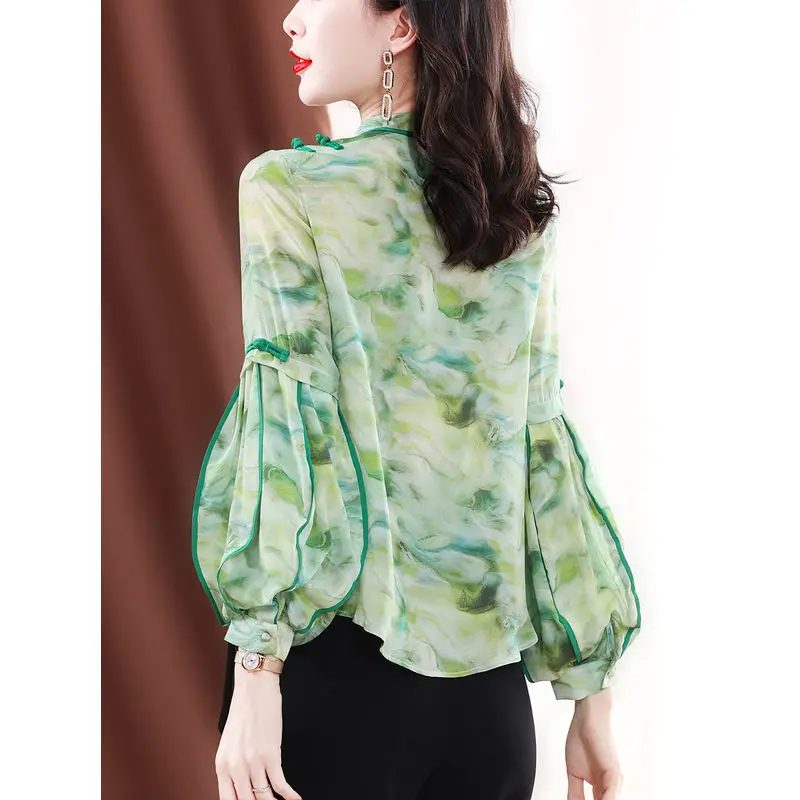 Women Summer Elegant Loose Fashion Printing O-neck Long Sleeve Shirts Women Clothes Casual All-match Appear Thin Patchwork Tops