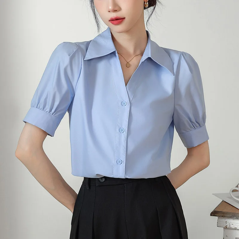 Summer Elegant Fashion Solid Short Sleeve Shirt Women V-neck Button All-match Formal Clothing Office Lady Chic Folds Edge Tops