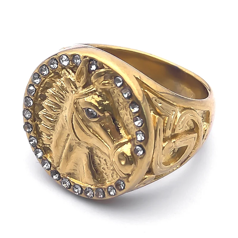 Hip Hop Punk Horse Head Ring for Women Men Stainless Steel Shiny Rhinestone Gold Color Horsehead Finger Rings Jewelry RRR541S03