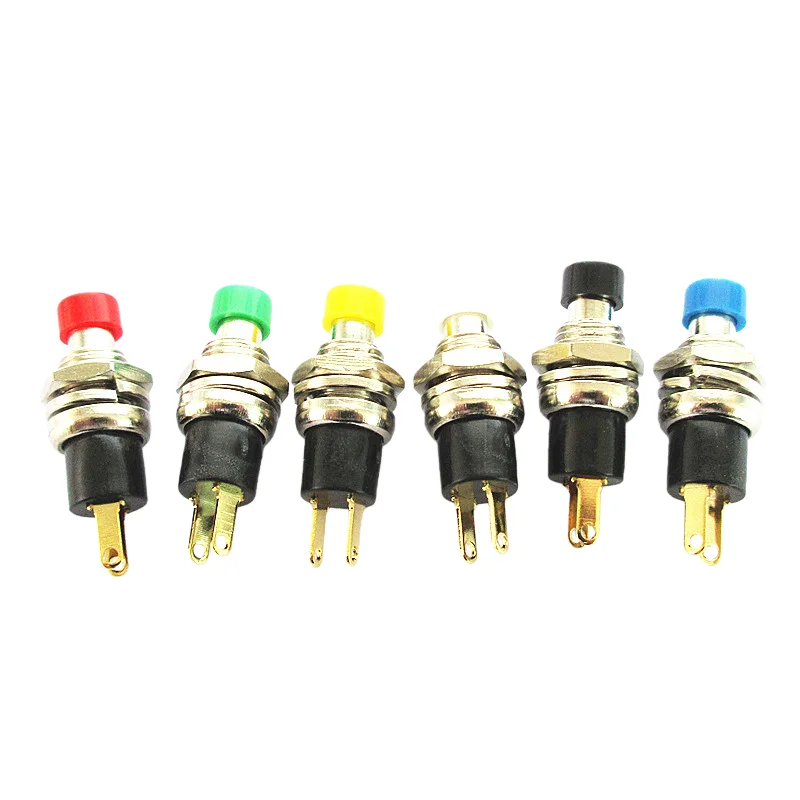 5pcs PB05A PBS05B PBS-110 self-locking reset switch, with a 7MM hole, small button, self-locking feature, and 2 Gilded pins