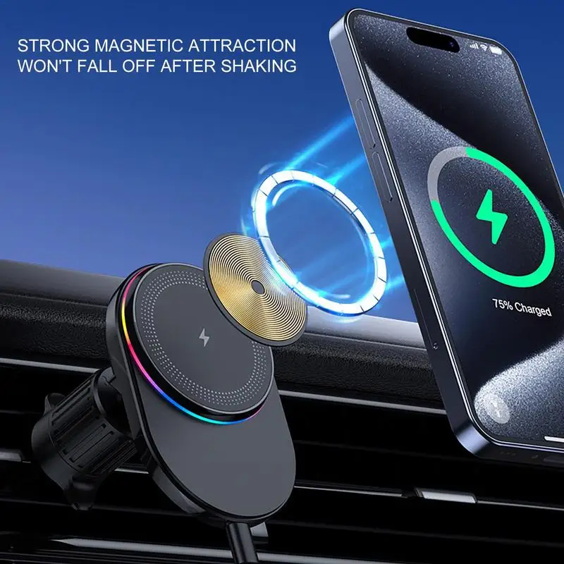 Portable Magnetic Wireless Charger Vehicle Phone Charger Holder With Colored Light Rotatable Phone Stand In The Vehicle