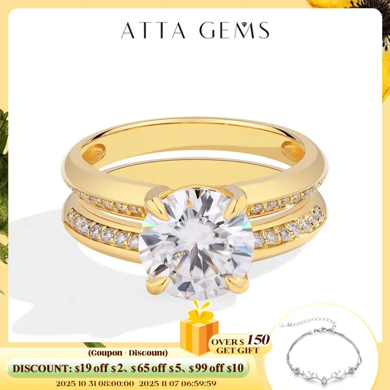 

ATTAGEMS высшее качество Муассанит кольцо 3CT DVVS1 круглая огранка бриллиант 925 серебро 18K позолоченное обручальное свадебное ювелирное изделие для женщин