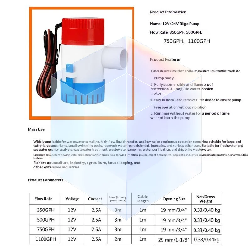 Bilge Pump 1100GPH 12V 24V DC Non Automatic Submersible Marine Pump for Large Boat Water Removal