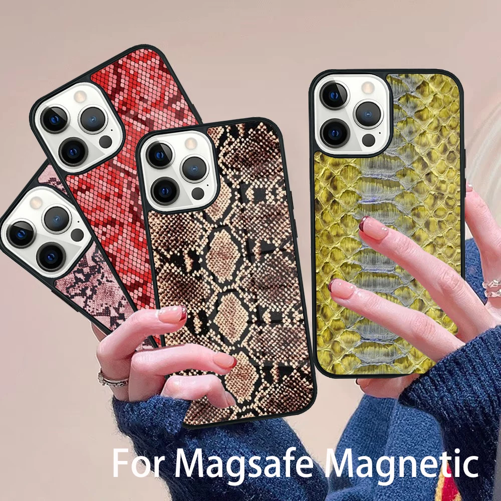 

Snake Skin Print Phone Case Magesafe Magnetic Wireless Charge Cover For IPhone 16 11 12 13 14 15 Pro Max Plus Mini
