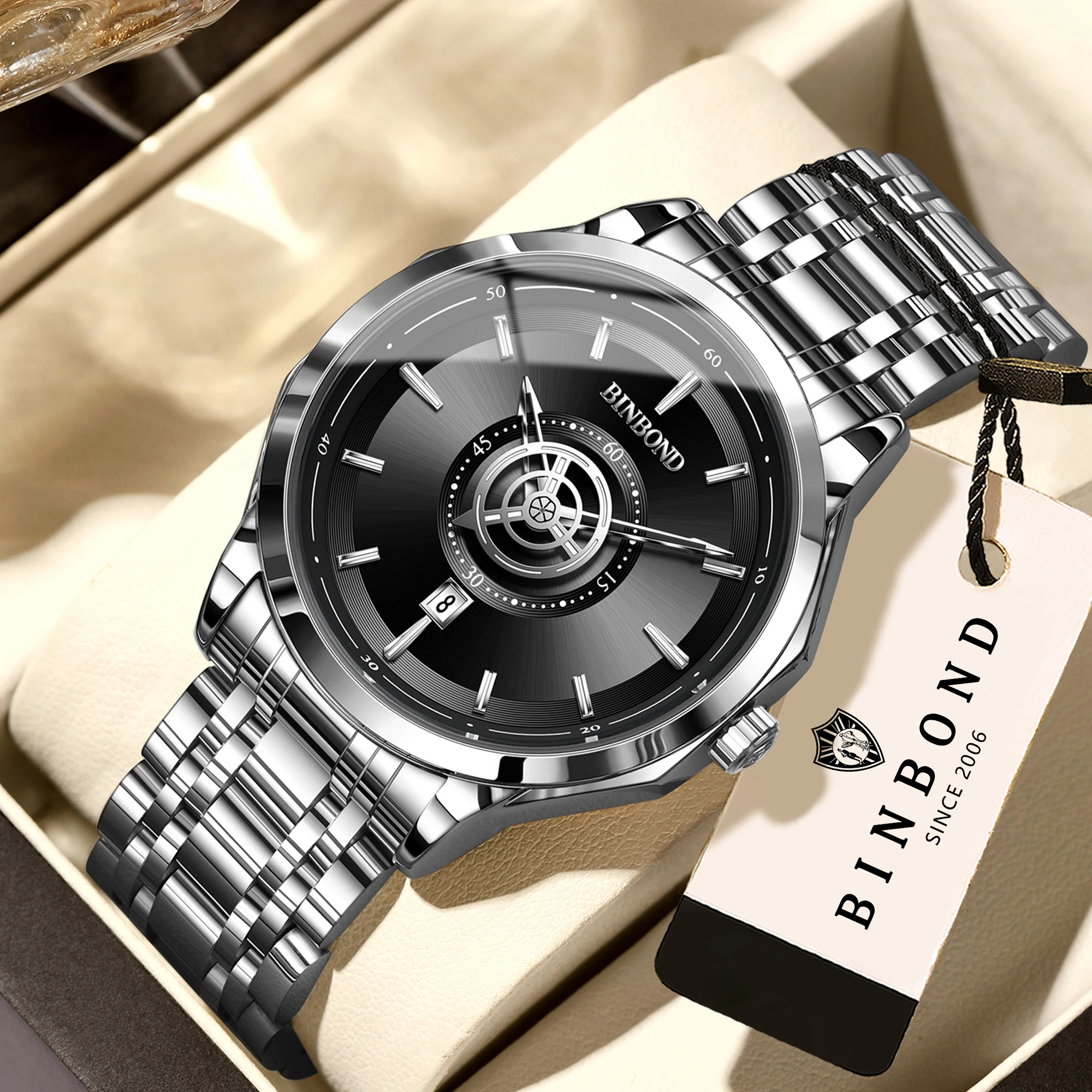 BINBOND Brand Men Quartz Watch Luxury Business Stainless Steel Band Single Calendar Luminous Waterproof Fashion Men Wrist Watch