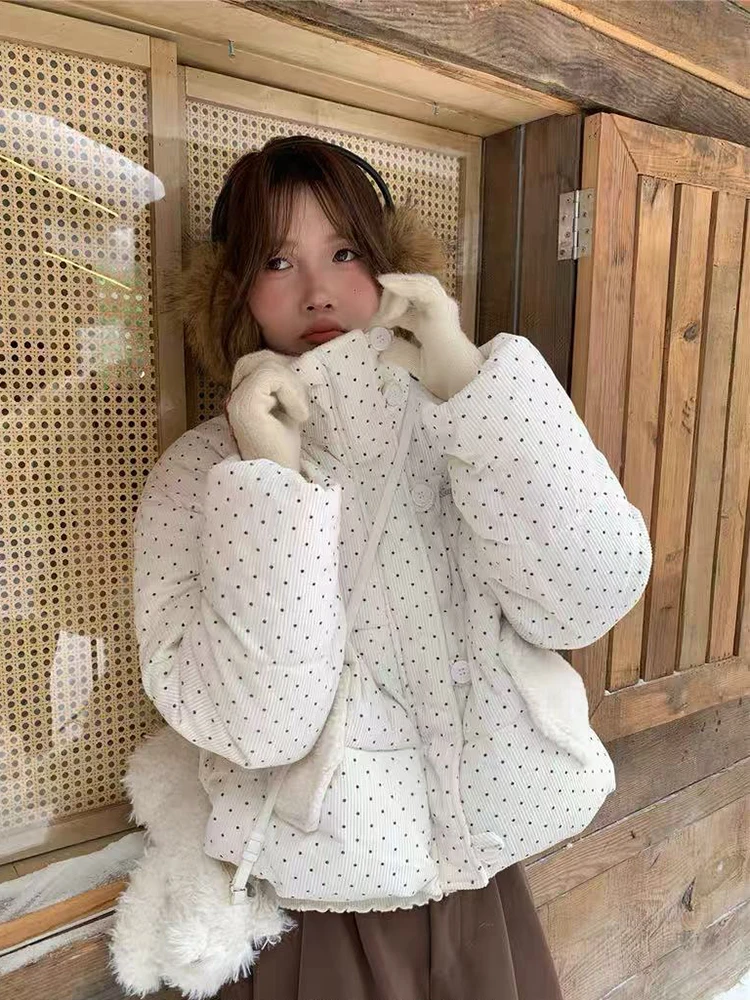 

Милые парки в горошек, женские зимние толстые свободные лоскутные пуховые пальто с меховым воротником и пуговицами Y2K, корейская модная теплая женская верхняя одежда