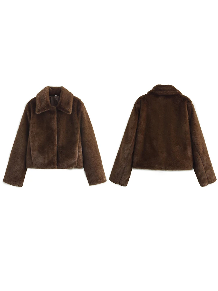 レディースファッション人工毛皮ブラウンコート冬用ゆったり保温通勤ショートコートラペル付き長袖カジュアルコート