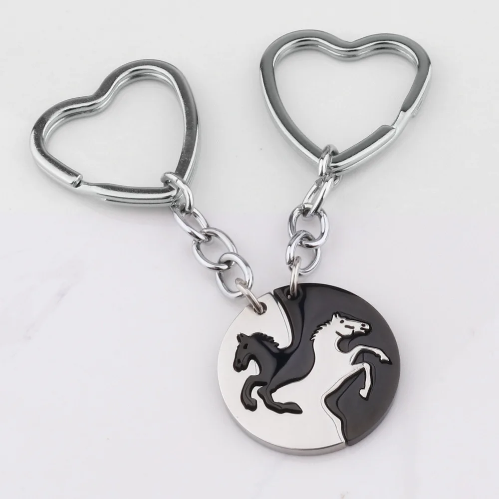 1 Pair New Stainless Steel Car Key Chain Round Yin Yang Horse Coupling Keyring Valentine'S Day Gift Charm Bag Pendant Decoration