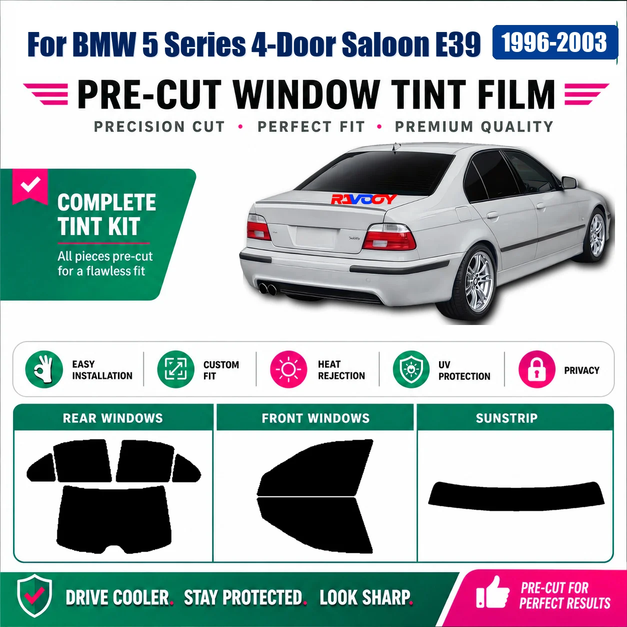 For BMW 5 Series 4-Door Saloon E39 1996-2003 Window Tint Film Tinted Complete Window Anti-Glare Privacy Film