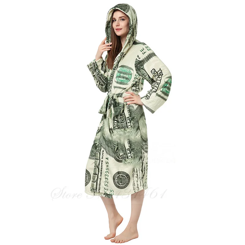 Funny Flannel Women Robe Sleepwear Autumn Winter Hooded Kimono Bathrobe Nightgown Loose Coral Fleece Print Sleepwear Home Wear