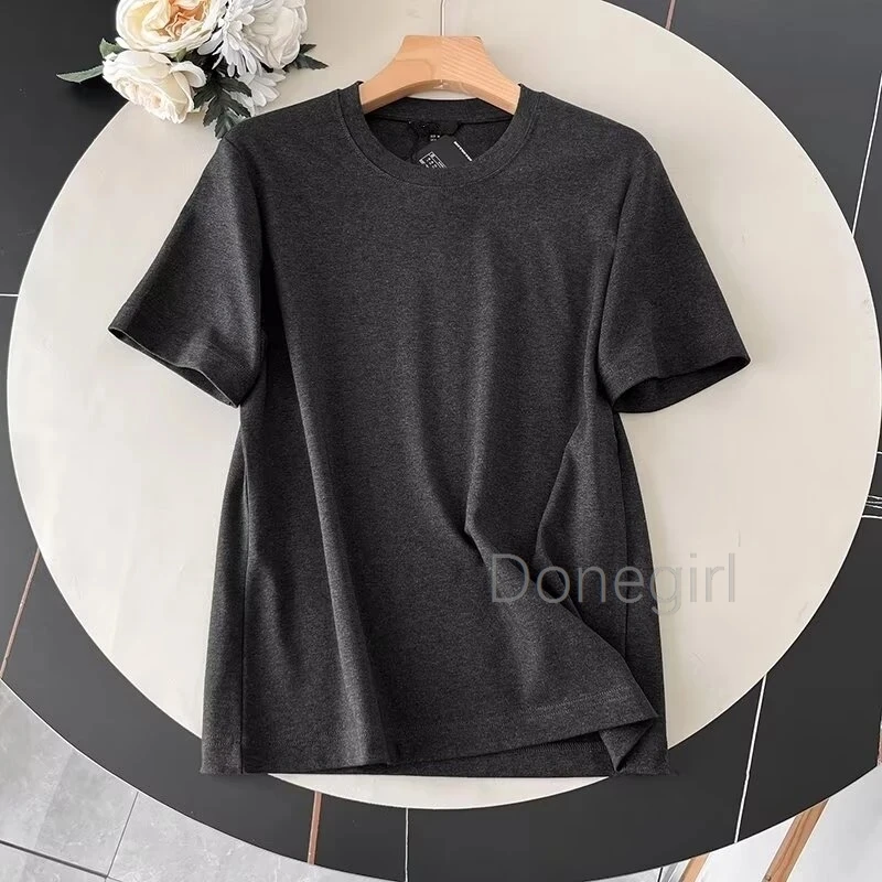 Donegirl 2024 Summer T-shirt Women Gray Basic Top Round Neck Solid Color Cotton Short Sleeve Tees Ladies