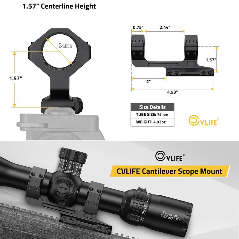 CVLIFE 34mm Cantilever Scope Mount Lightweight Dual Offset Ring Mount Optic Mounting Kit for Picatinny Rail Hunting