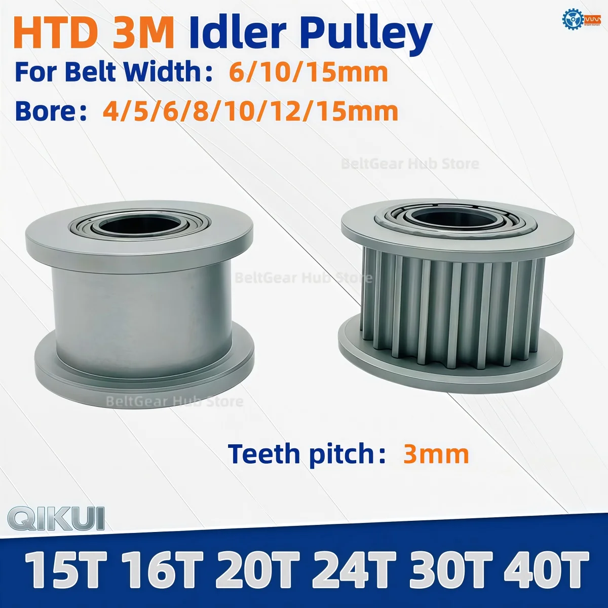HTD 3M Idler Pulley 15T 16T 20T 24T 30T 40T Bore 4mm-15mm 3D Printer Timing Belt Pulley with Bearing for 6/1/15mm Width Belt