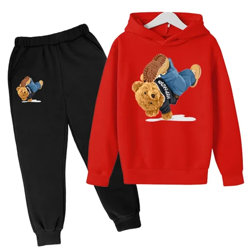 Kids Spring/Autumn/Winter Hoodie+Pants 2pcs Sets 3-14T Children\'s Street Dance Cartoon Bear Print Boys Girls Childre Tracksuits