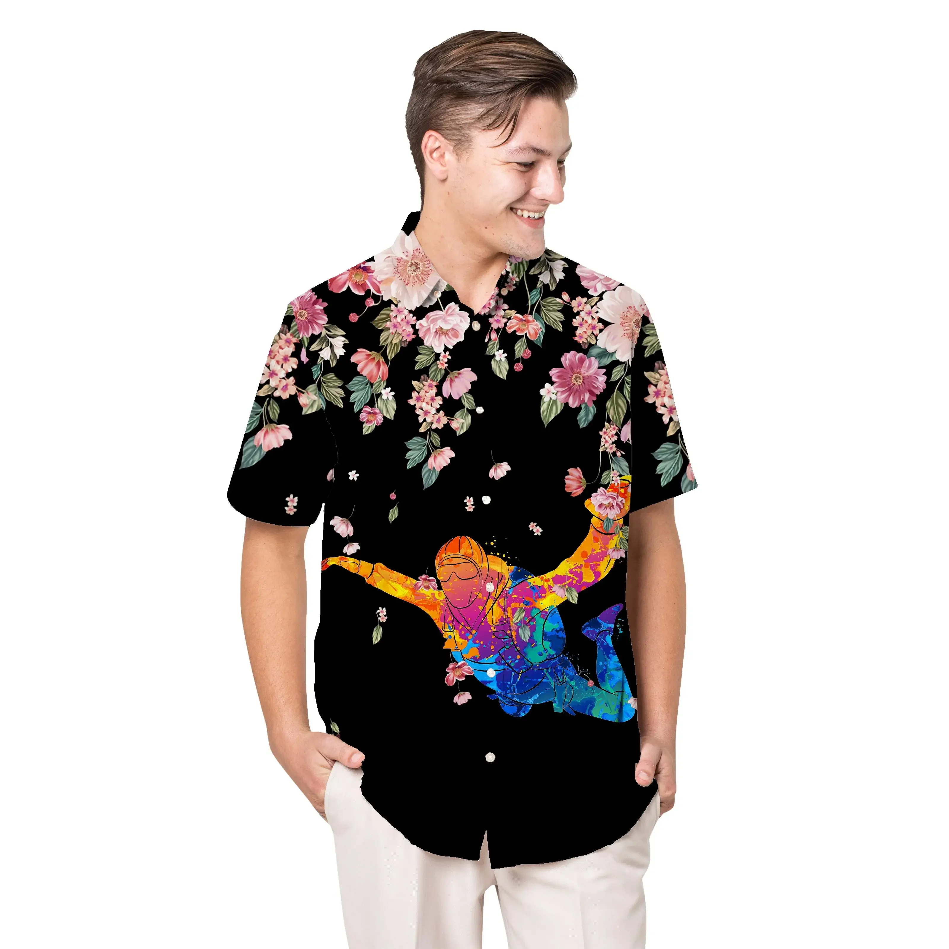 

Jumeast Flower Pattern Short Sleeve Hawaiian Shirt Alien Graphics Polyester Aloha Shirts Tropical Baggy Casual Man Clothing