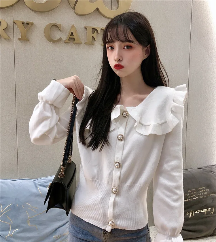 Girls Spring Peter Pan Collar Sweaters Cardigans Lady Single-breasted Full Flare Sleeve Sweet Knitted Outwear Tops for Female