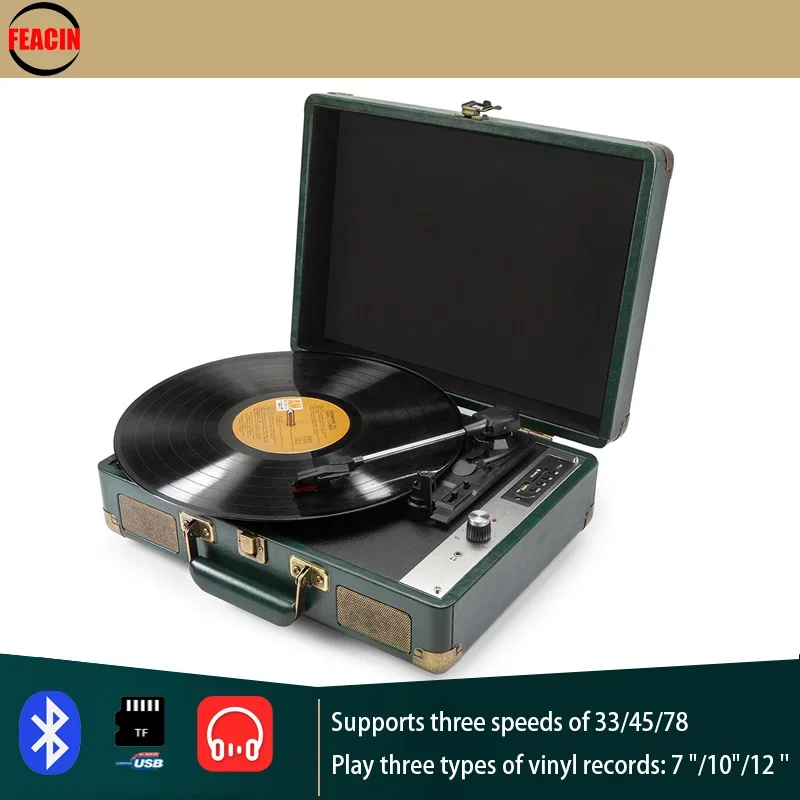 

Портативный проигрыватель виниловых пластинок в стиле ретро, воспроизведение Bluetooth/USB/TF, подходит для семейных встреч, кемпинга, подарков на вечеринку