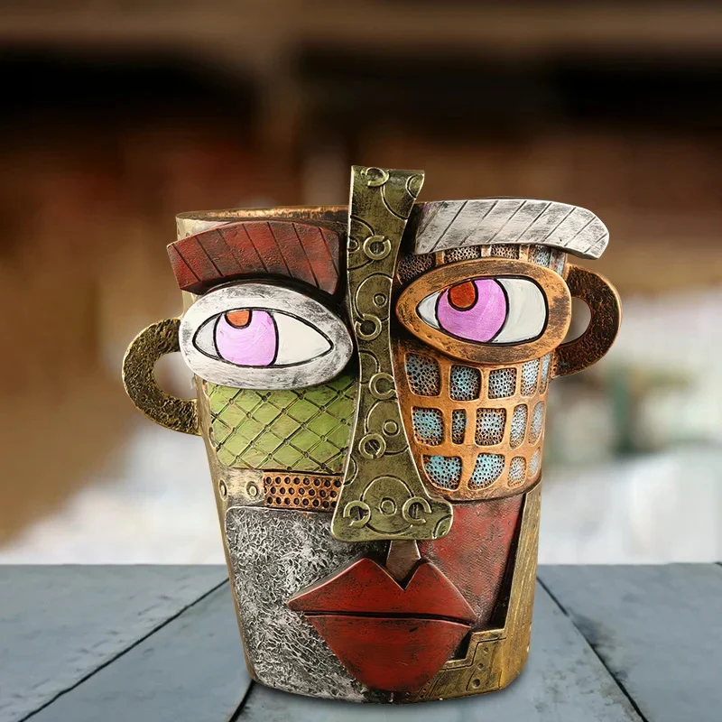 2024 New Retro Abstract Facial Art Flower Pot Creative Colorful Bronze Appearance Resin Crafts Home Meaty Green Plant Decoration